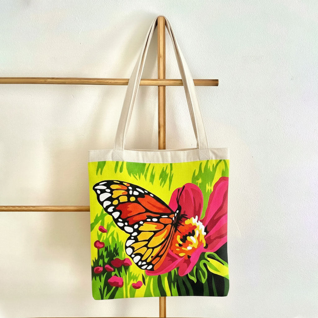 Hand-Painted Butterfly on flower Canvas Tote Bag