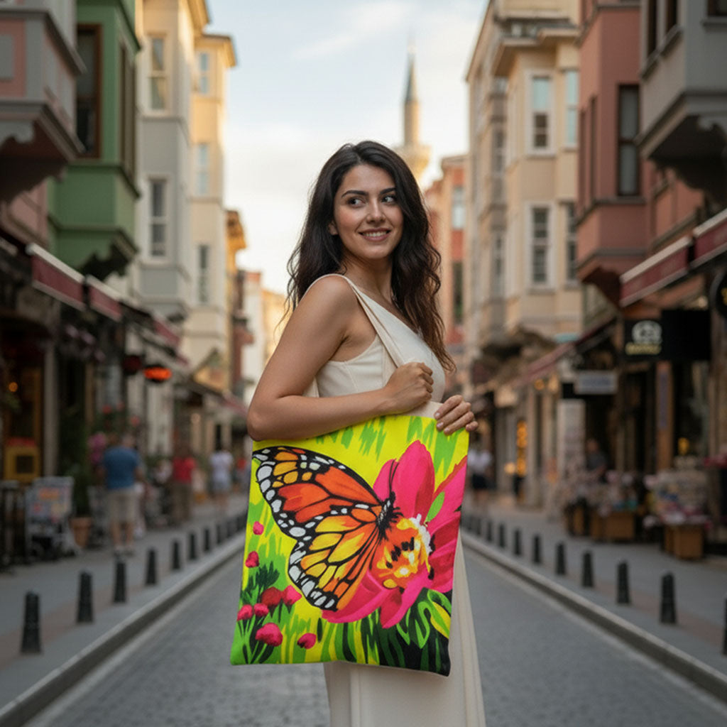 Hand-Painted Butterfly on flower Canvas Tote Bag