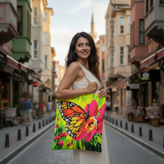 Hand-Painted Butterfly on flower Canvas Tote Bag