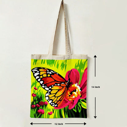 Hand-Painted Butterfly on flower Canvas Tote Bag